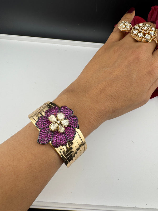 Moissanite Kundan, CZ Nano Setting Cuff Bracelet Bangle, Gold Polish Bangle (Fits 2.6" Diameter)