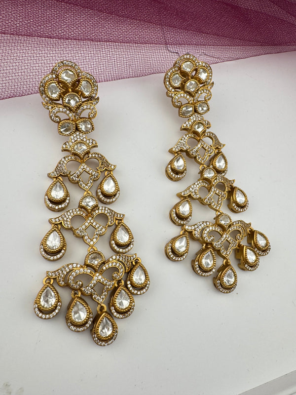 Gold with kundan, cubic zirconia chandbali Long Drop earrings, Indian Jewelry