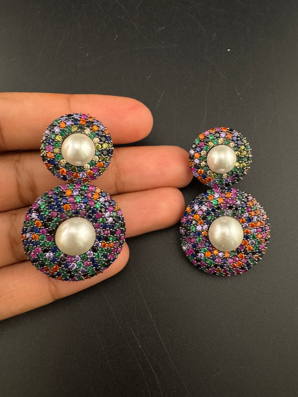 Cubic Zirconia, Diamond nano setting, pearls, Victorian Dangle earrings, Indian Jewelry