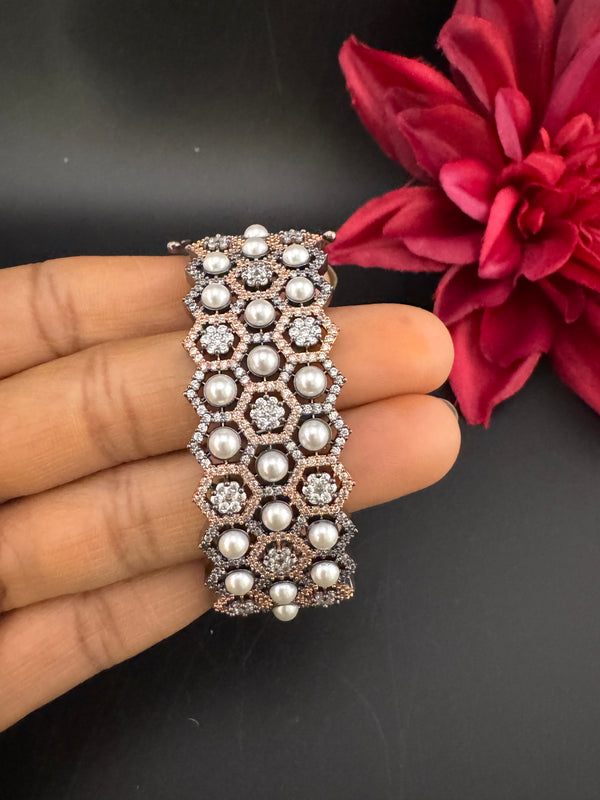 Openable Designer bracelet with Pearls, crystal stones, CZ Nano setting, Fits size upto 2.6"