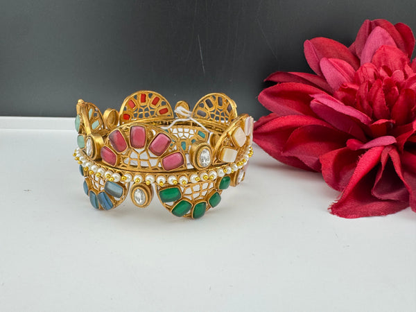 Kundan, CZ, colorful stones Bracelet Bangle, Gold Polish Bangle (Fits 2.6" Diameter)