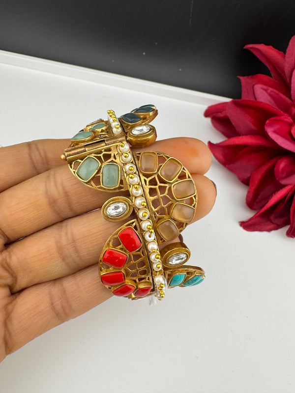 Kundan, CZ, colorful stones Bracelet Bangle, Gold Polish Bangle (Fits 2.6" Diameter)