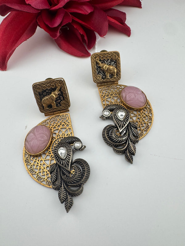 Antique Gold, Oxidized, Carved Stones Chandbali Dangle Earrings, Amrapali inspired Designer jewelry