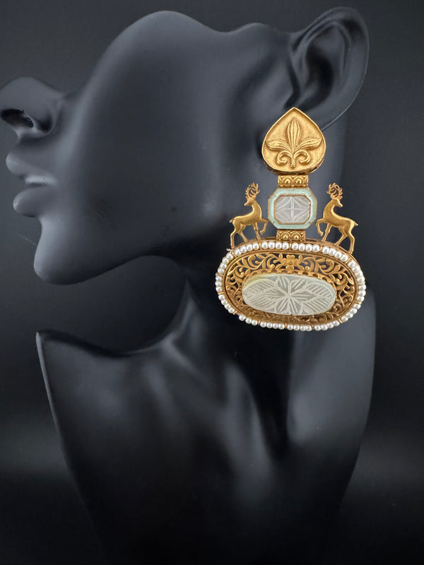 Antique Gold, Enamel, Mother of Pearl Chandbali Dangle Earrings, Amrapali inspired Designer jewelry
