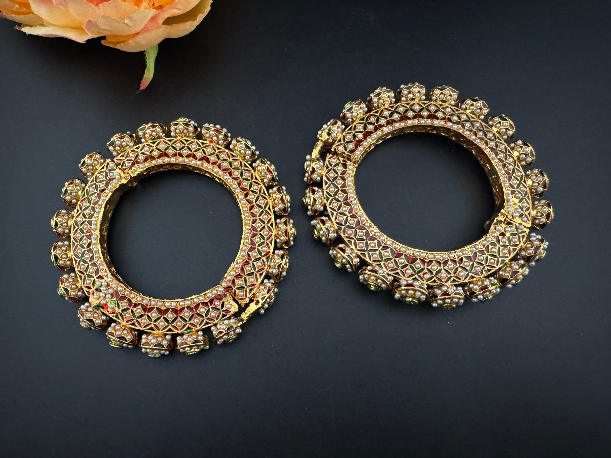 Openable Jadau Pacheli kada with pearls, kundan is Amrapali inspired bangles set/Indian Kada/Temple jewelry/Rajwadi Bangle/Size 2.4" & 2.8"