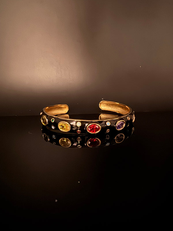 Sleek Open Cuff Bracelet in Black Enamel, Stones, gold polish is sleek Bracelet bangle/Indian Bracelet/Everyday Bracelet/Fits upto 2.6"