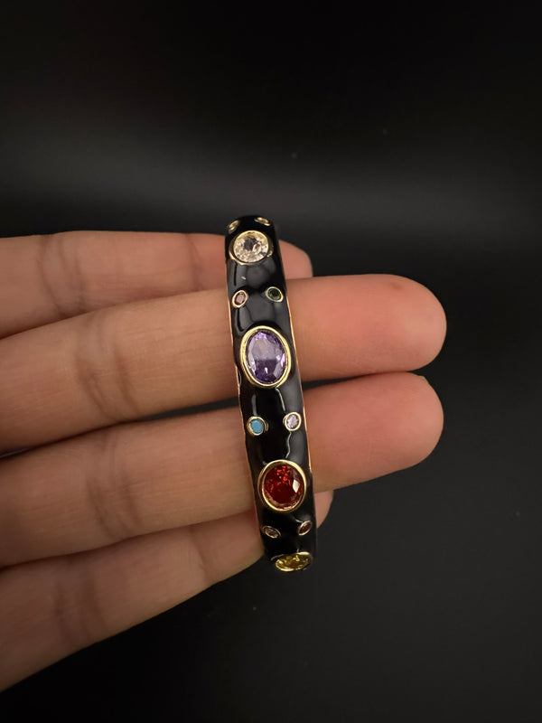 Sleek Open Cuff Bracelet in Black Enamel, Stones, gold polish is sleek Bracelet bangle/Indian Bracelet/Everyday Bracelet/Fits upto 2.6"