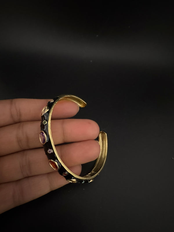 Sleek Open Cuff Bracelet in Black Enamel, Stones, gold polish is sleek Bracelet bangle/Indian Bracelet/Everyday Bracelet/Fits upto 2.6"