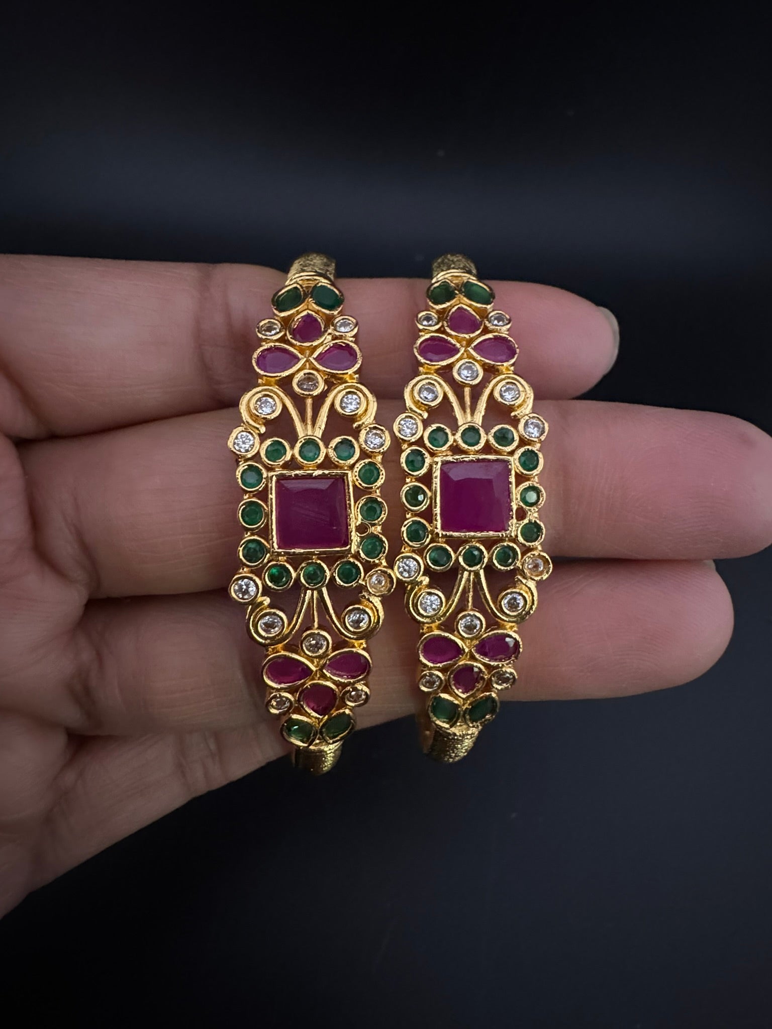 Matt Gold polish with stones kada set is Amrapali inspired Designer bangles set of 2/Indian Kada/Rajwadi Bangle/Size 2.4", 2.6" & 2.8"