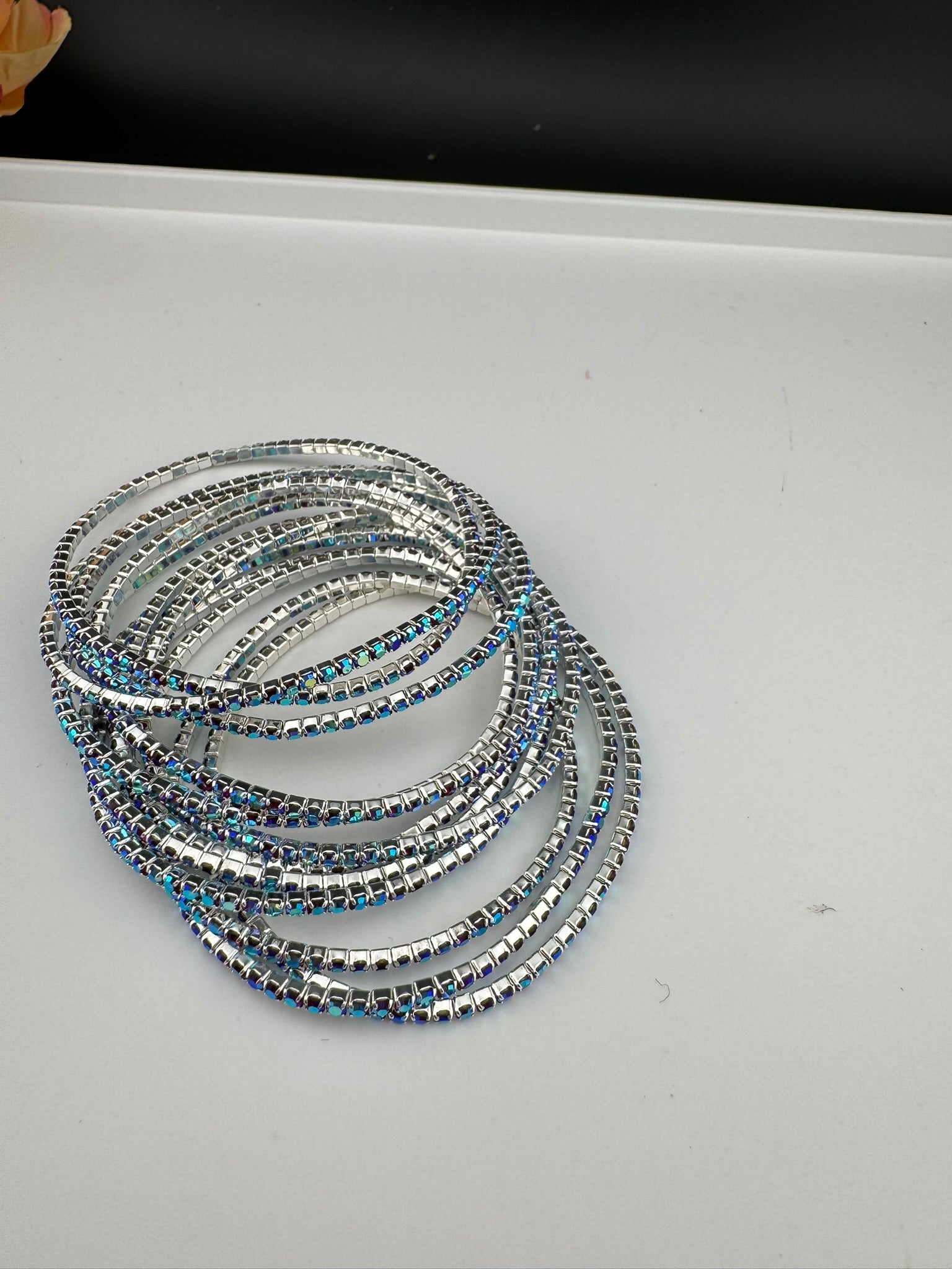 Silver and blue Cubic Zirconia Flexible soft bangle set of 12/Stretchable/Indian bangle set/Wedding jewelry/Everyday wear/Party wear Bangle
