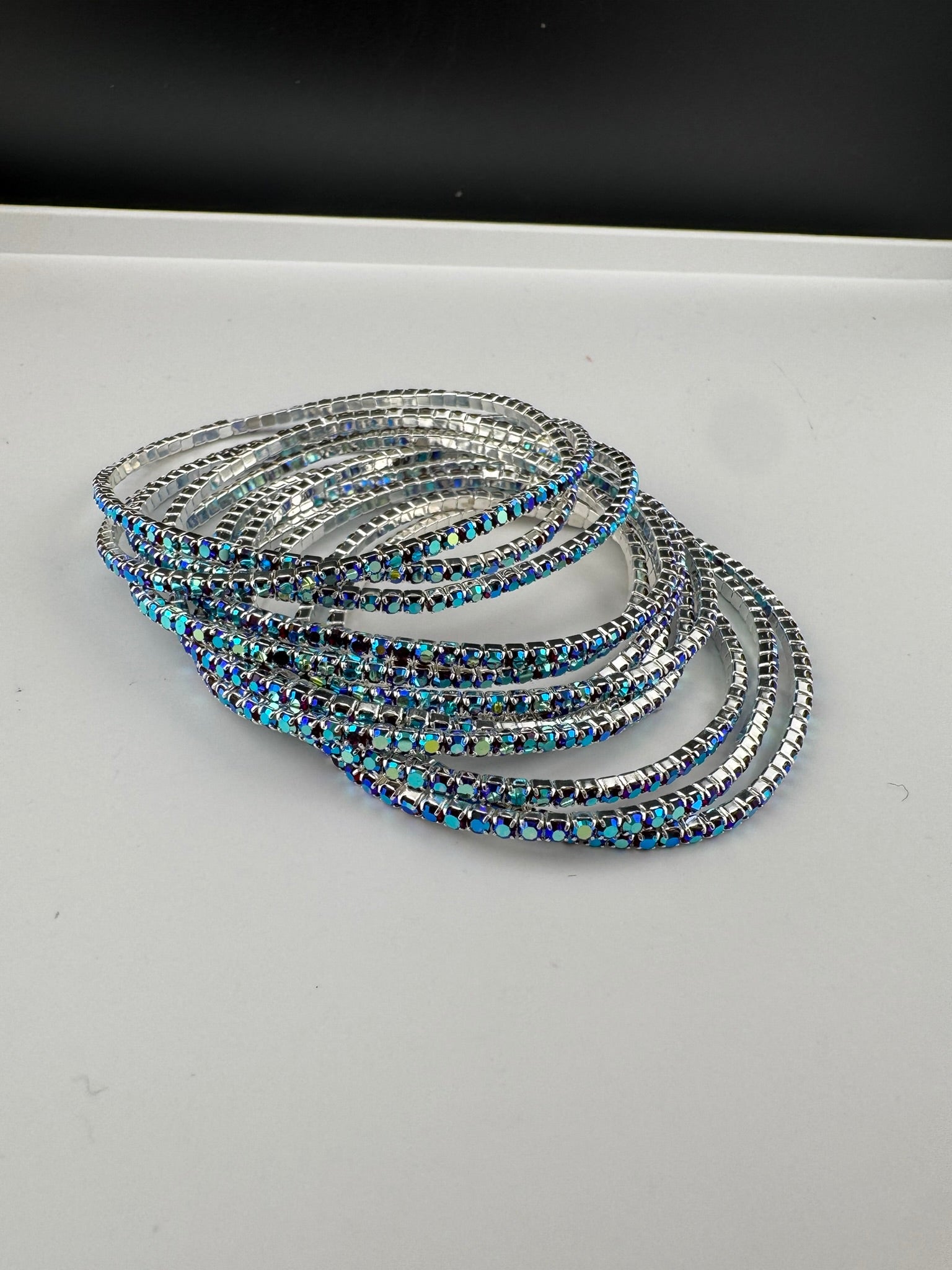 Silver and blue Cubic Zirconia Flexible soft bangle set of 12/Stretchable/Indian bangle set/Wedding jewelry/Everyday wear/Party wear Bangle