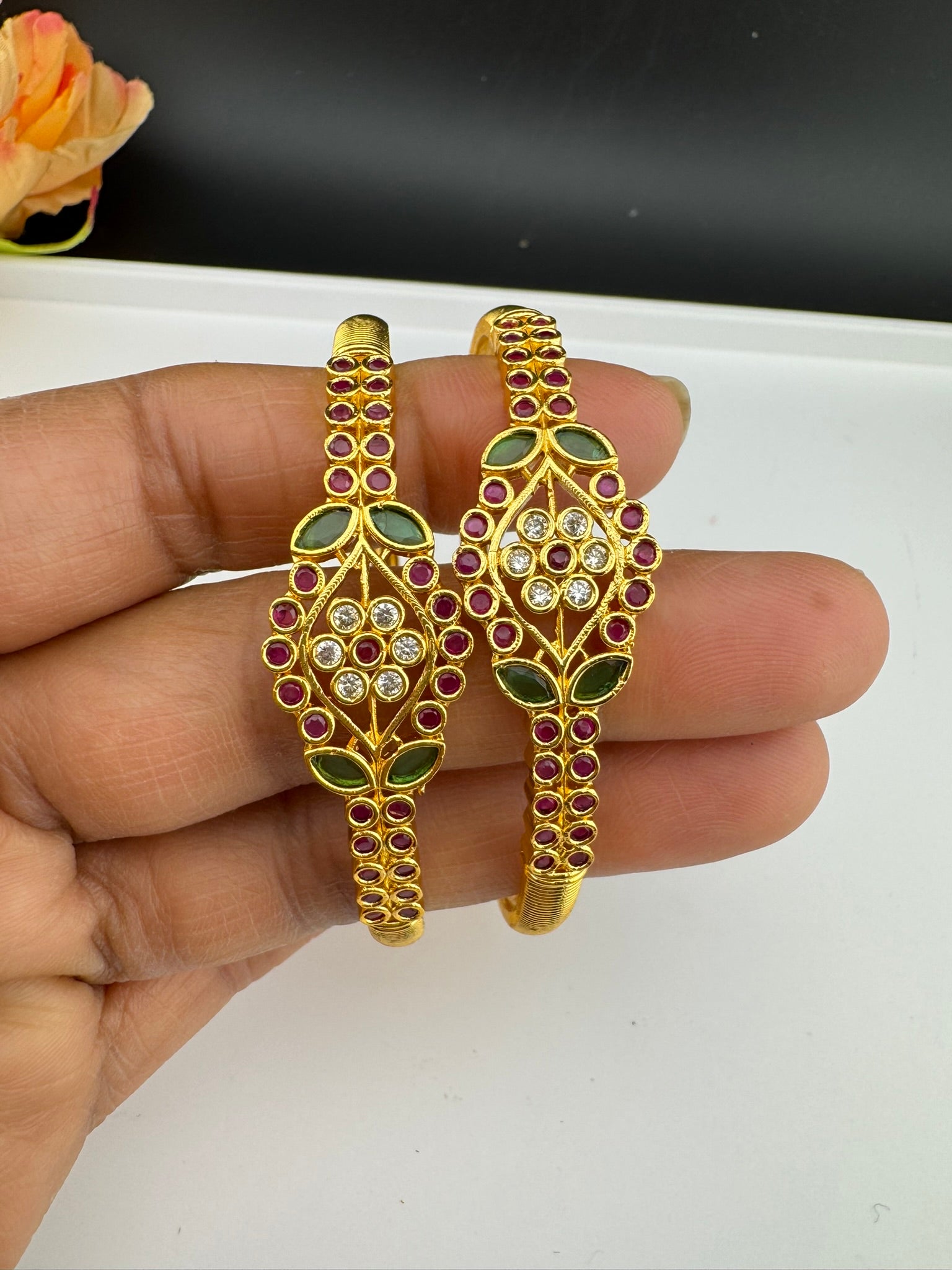 Matt Gold polish with stones kada set is Amrapali inspired Designer bangles set of 2/Indian Kada/Rajwadi Bangle/Size 2.4", 2.6" & 2.8"