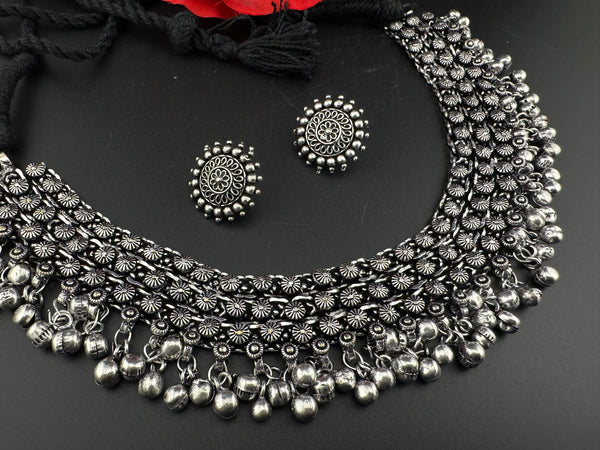 Premium Quality Oxidized silver polish German silver Antique looking with stud earrings and necklace set/Indian Necklace set/Garbha jewelry