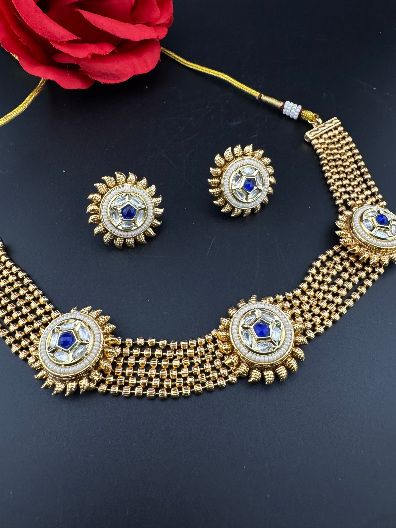 Premium Quality Gold beads chain, Tyaani kundan, stones collar Necklace with studs earrings/gold-plated necklace set/Traditional Indian set
