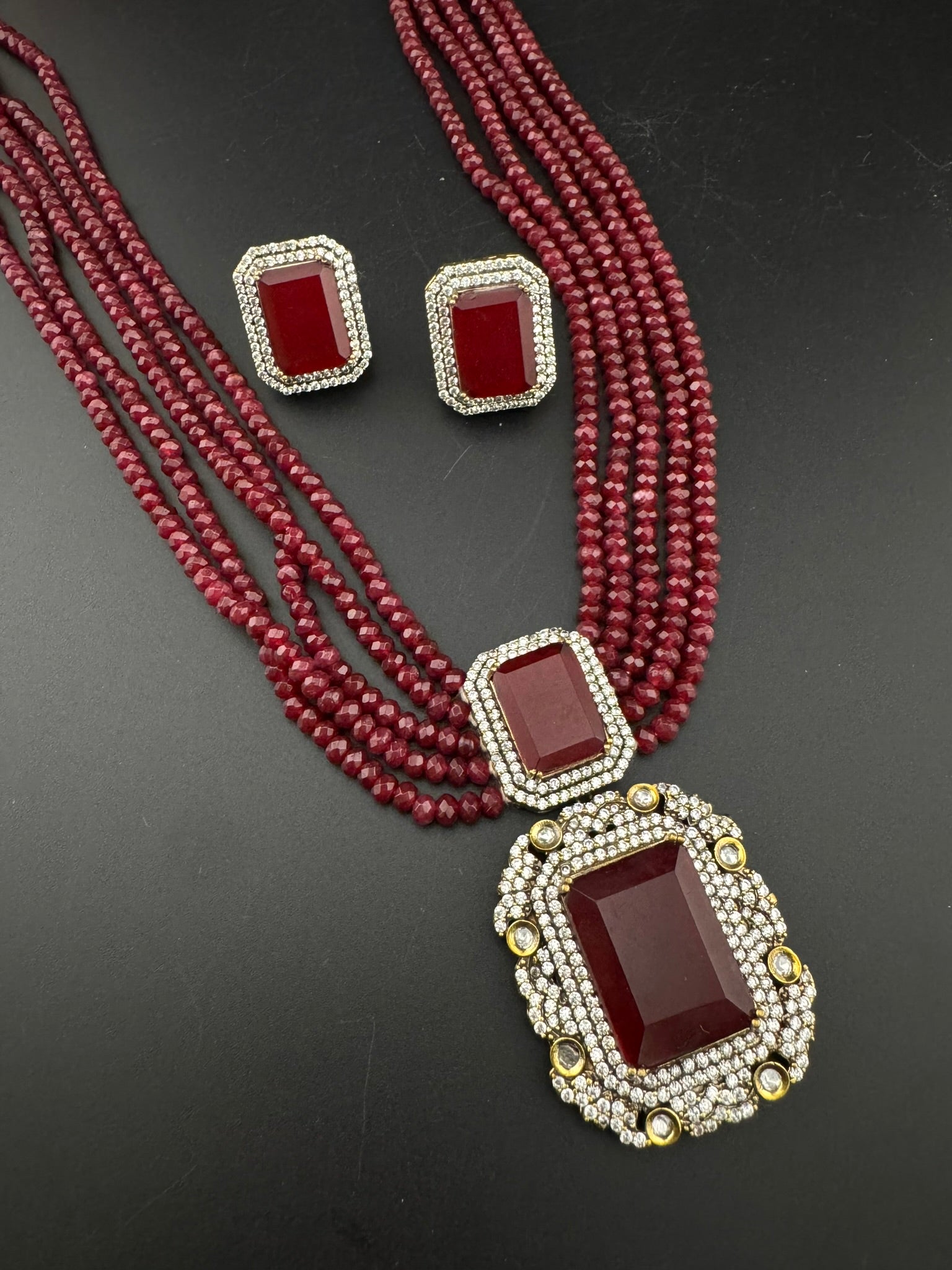 Premium Quality fusion necklace with CZ Pendant, natural stones, onyx beads Long Necklace set/Rani Haar/Indian jewelry/bridal necklace set