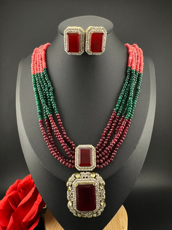 Premium Quality fusion necklace with CZ Pendant, natural stones, onyx beads Long Necklace set/Rani Haar/Indian jewelry/bridal necklace set
