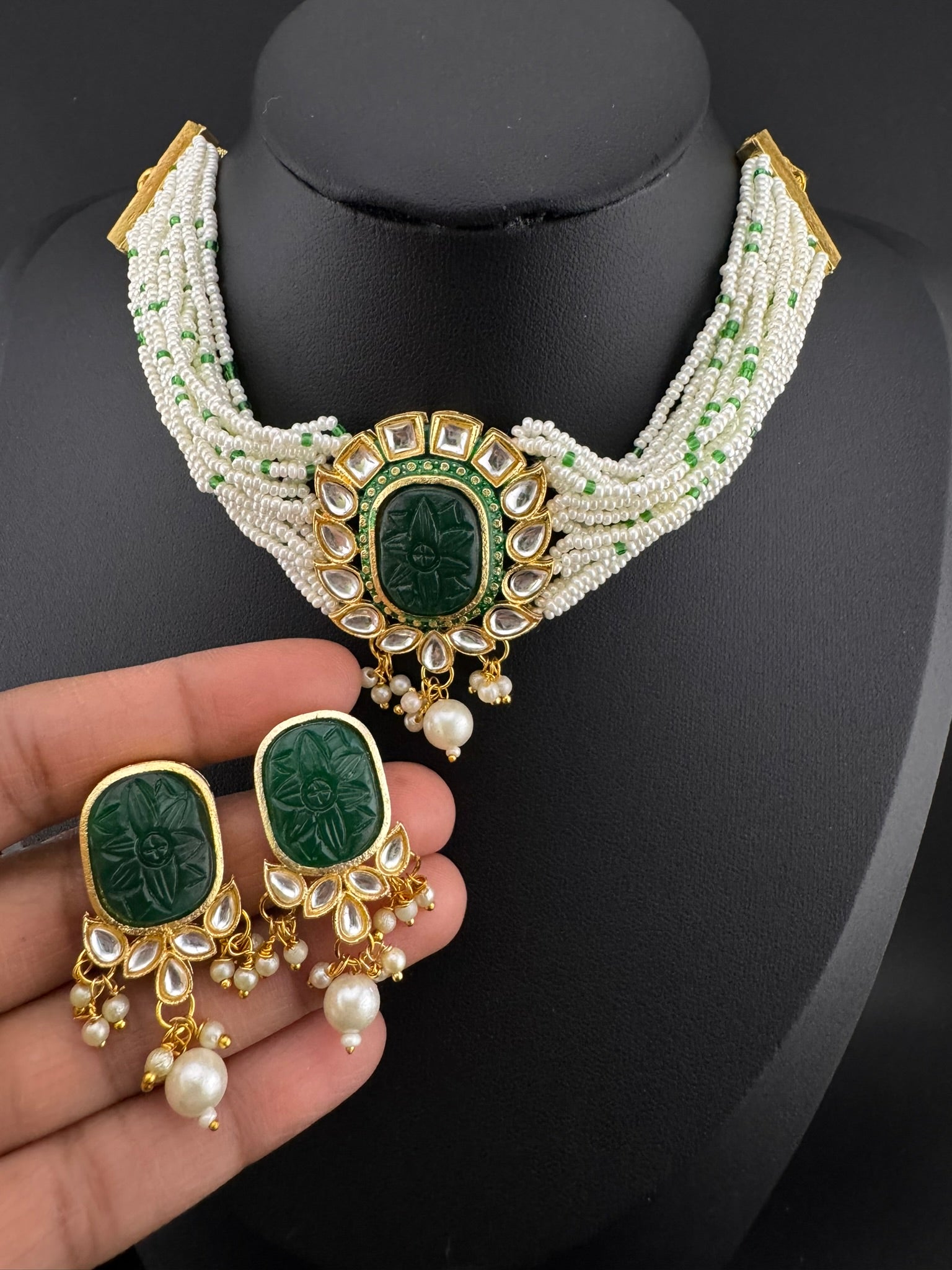 Carved stone and Kundan in small pearls mala Choker Necklace set with studs earrings