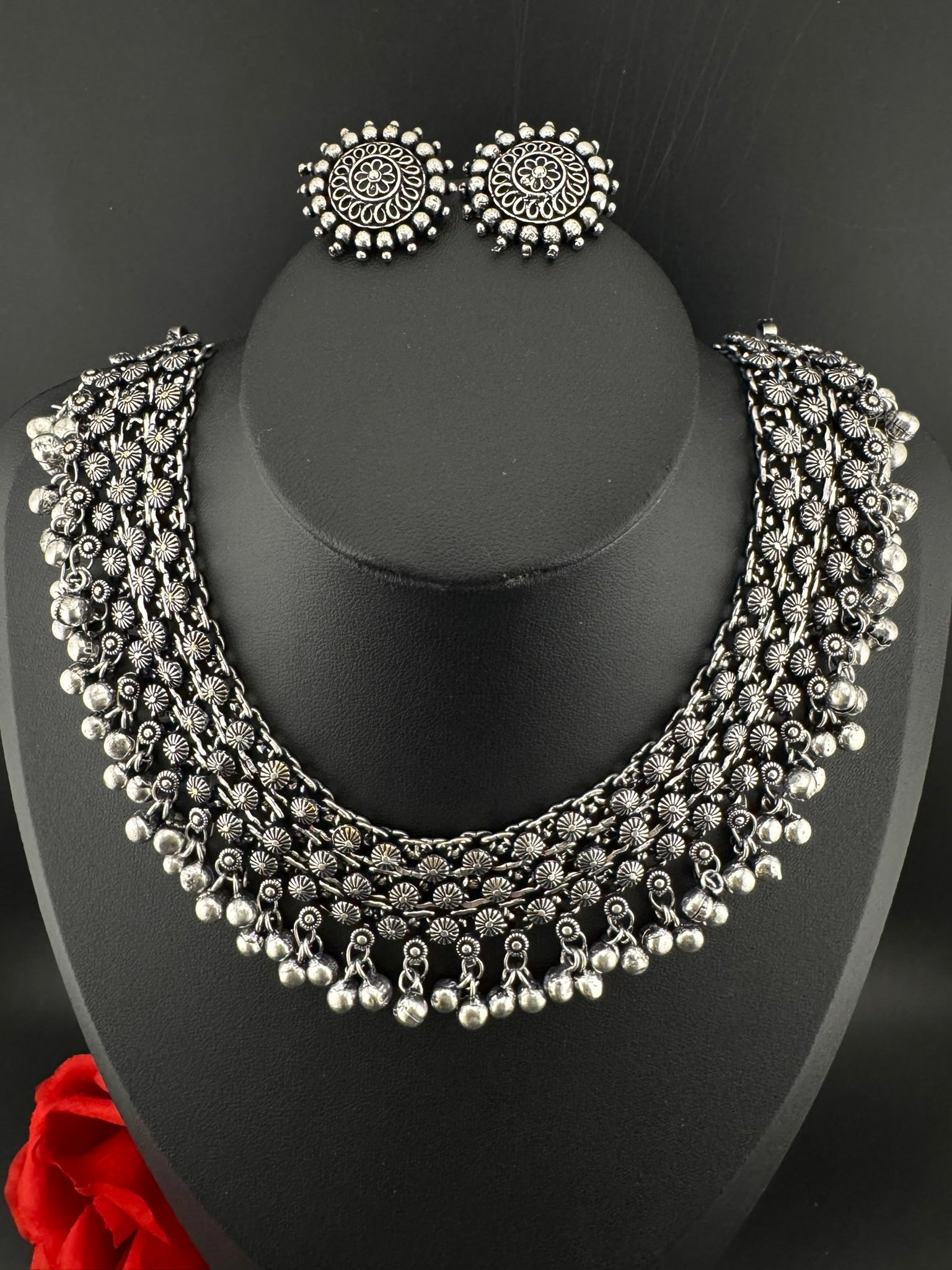 Premium Quality Oxidized silver polish German silver Antique looking with stud earrings and necklace set/Indian Necklace set/Garbha jewelry