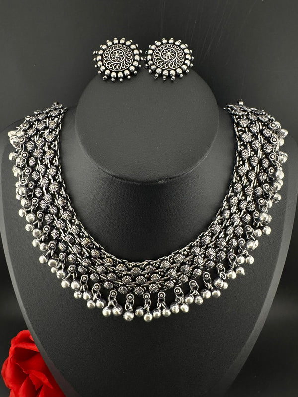 Premium Quality Oxidized silver polish German silver Antique looking with stud earrings and necklace set/Indian Necklace set/Garbha jewelry