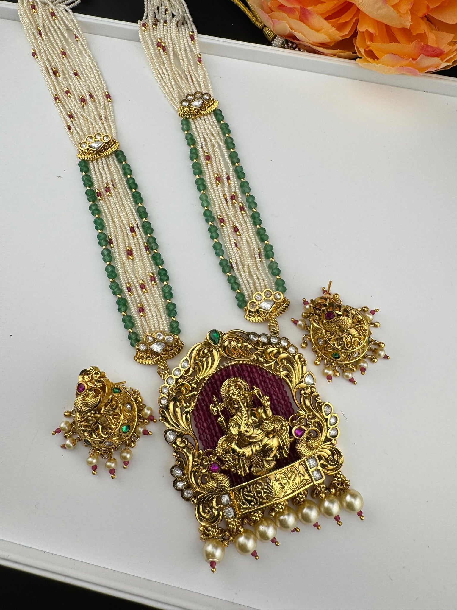 Premium Quality Ganesh Oversized Pendant in Matt gold, Moissanite Kundan, onyx beads, small pearls Long Rani Haar with Jhumka/Long Necklace