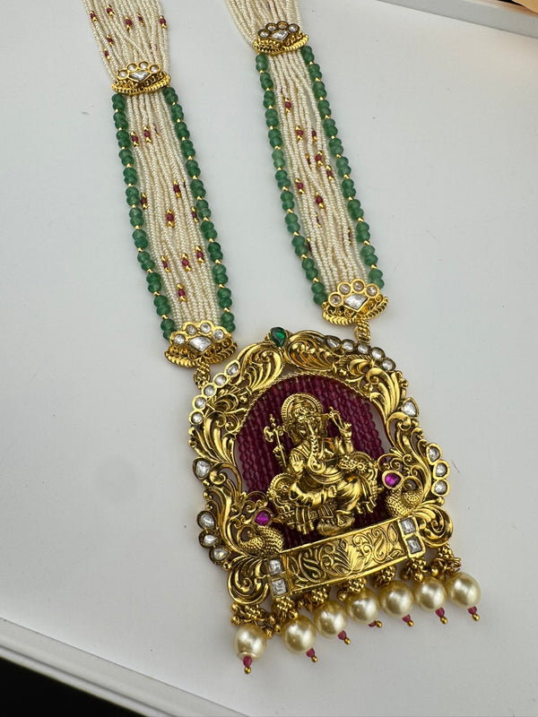 Premium Quality Ganesh Oversized Pendant in Matt gold, Moissanite Kundan, onyx beads, small pearls Long Rani Haar with Jhumka/Long Necklace