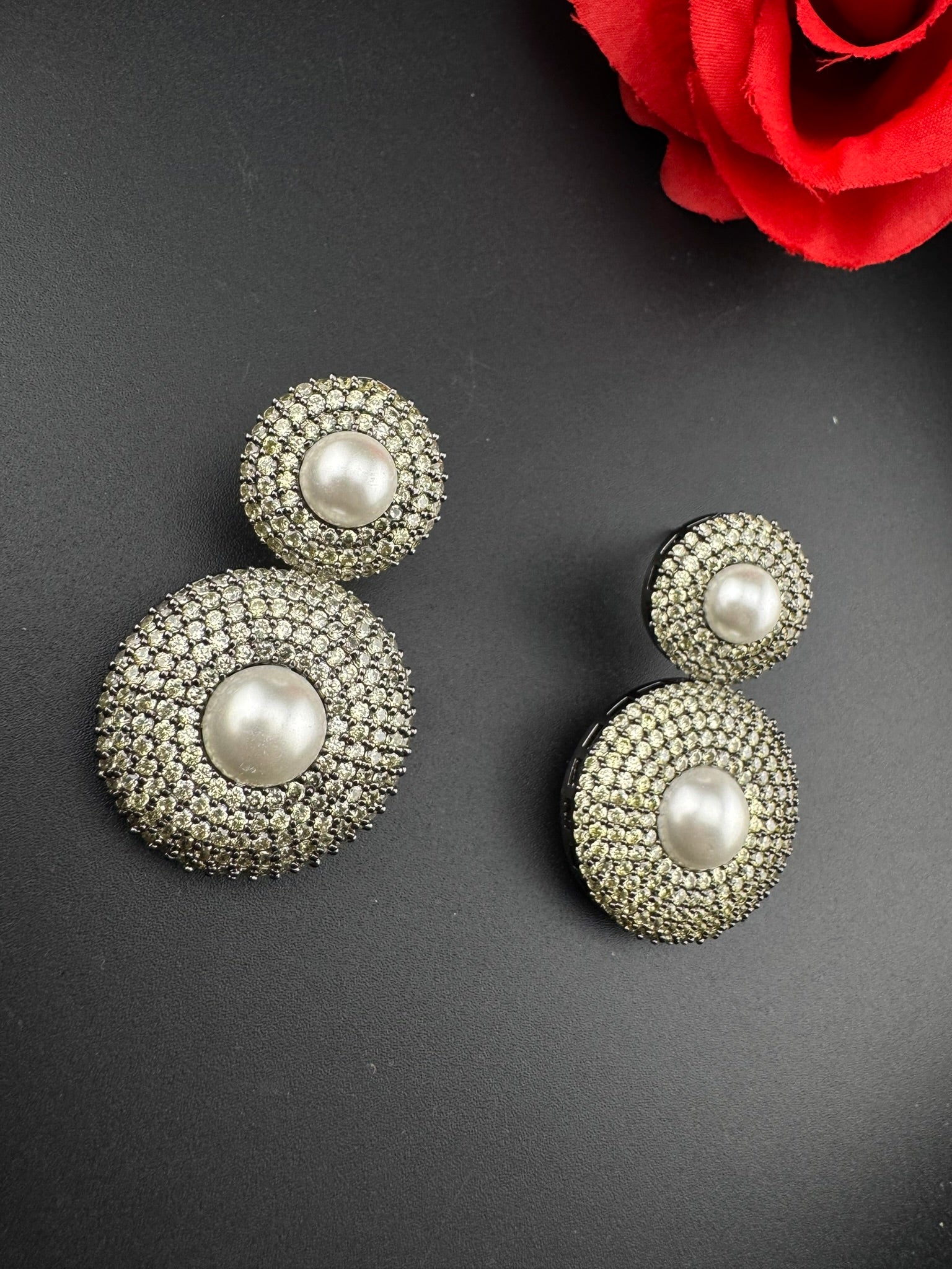 Premium Nano Setting Light Lemon green Cubic Zirconia with Pearls is Victorian designer Inspired Statement Drop Dangle earring/Lightweight