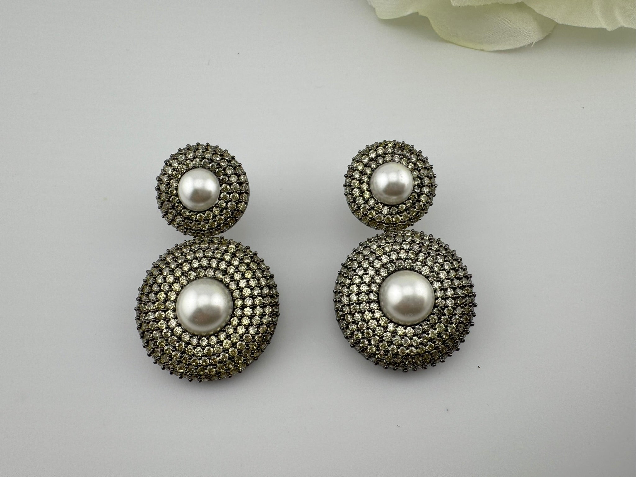 Premium Nano Setting Light Lemon green Cubic Zirconia with Pearls is Victorian designer Inspired Statement Drop Dangle earring/Lightweight