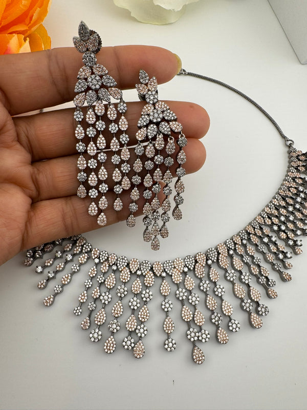 Unique Premium Victorian American Diamond, Cubic Zirconia Bridal Necklace with long earrings