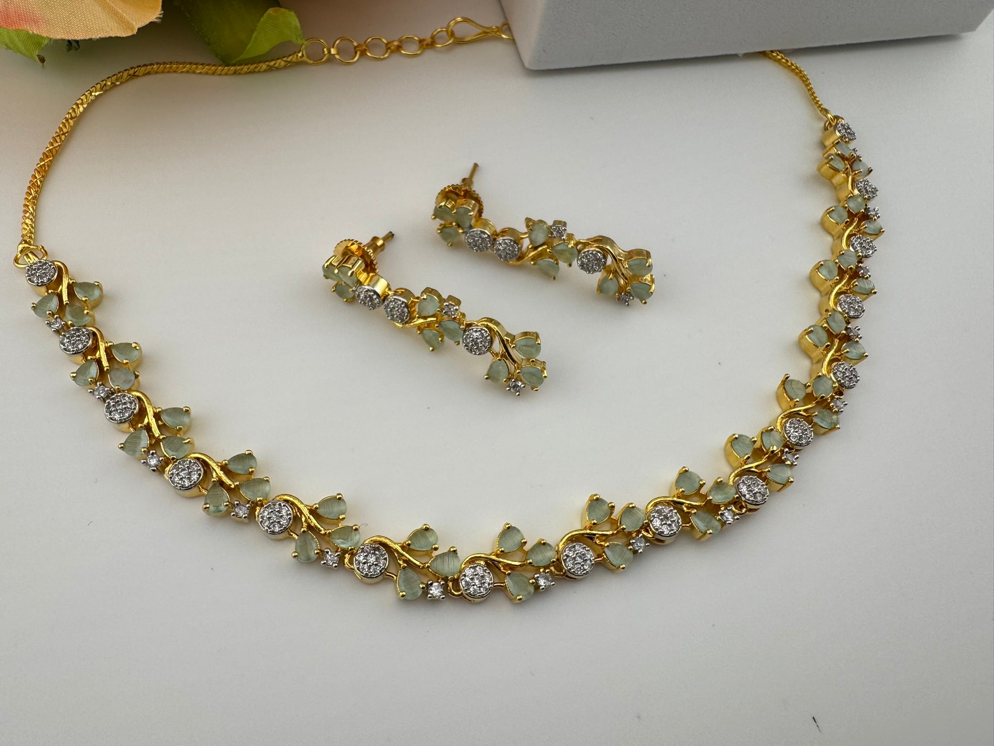Premium American Diamond, Cubic Zirconia, Stones, Gold Polish, Flower Necklace set with earrings