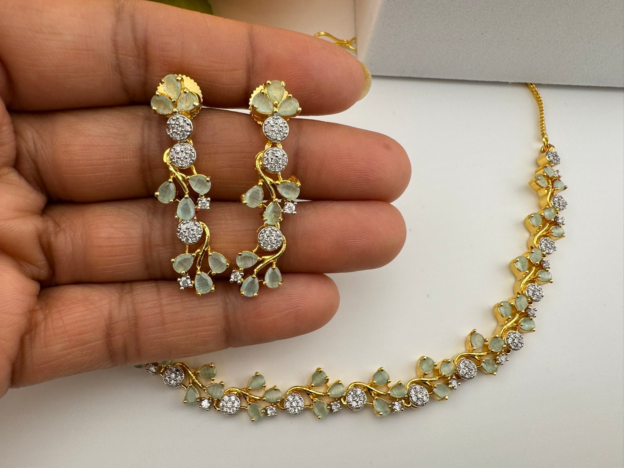 Premium American Diamond, Cubic Zirconia, Stones, Gold Polish, Flower Necklace set with earrings