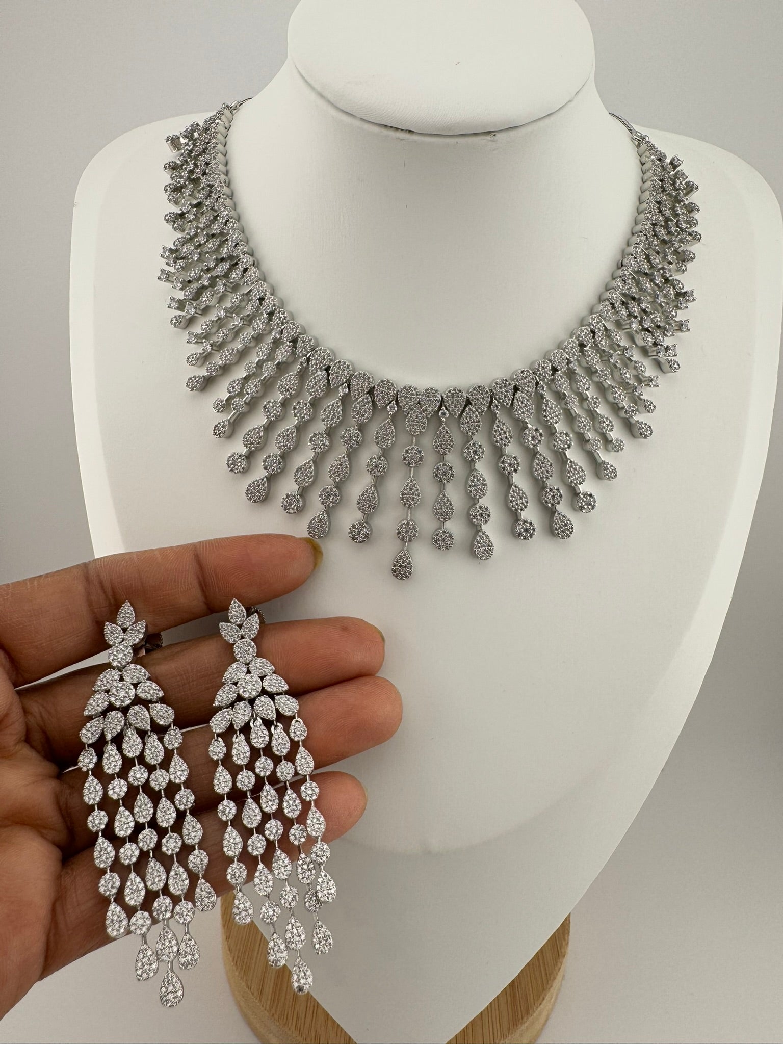Unique Premium Victorian American Diamond, Cubic Zirconia Bridal Necklace with long earrings