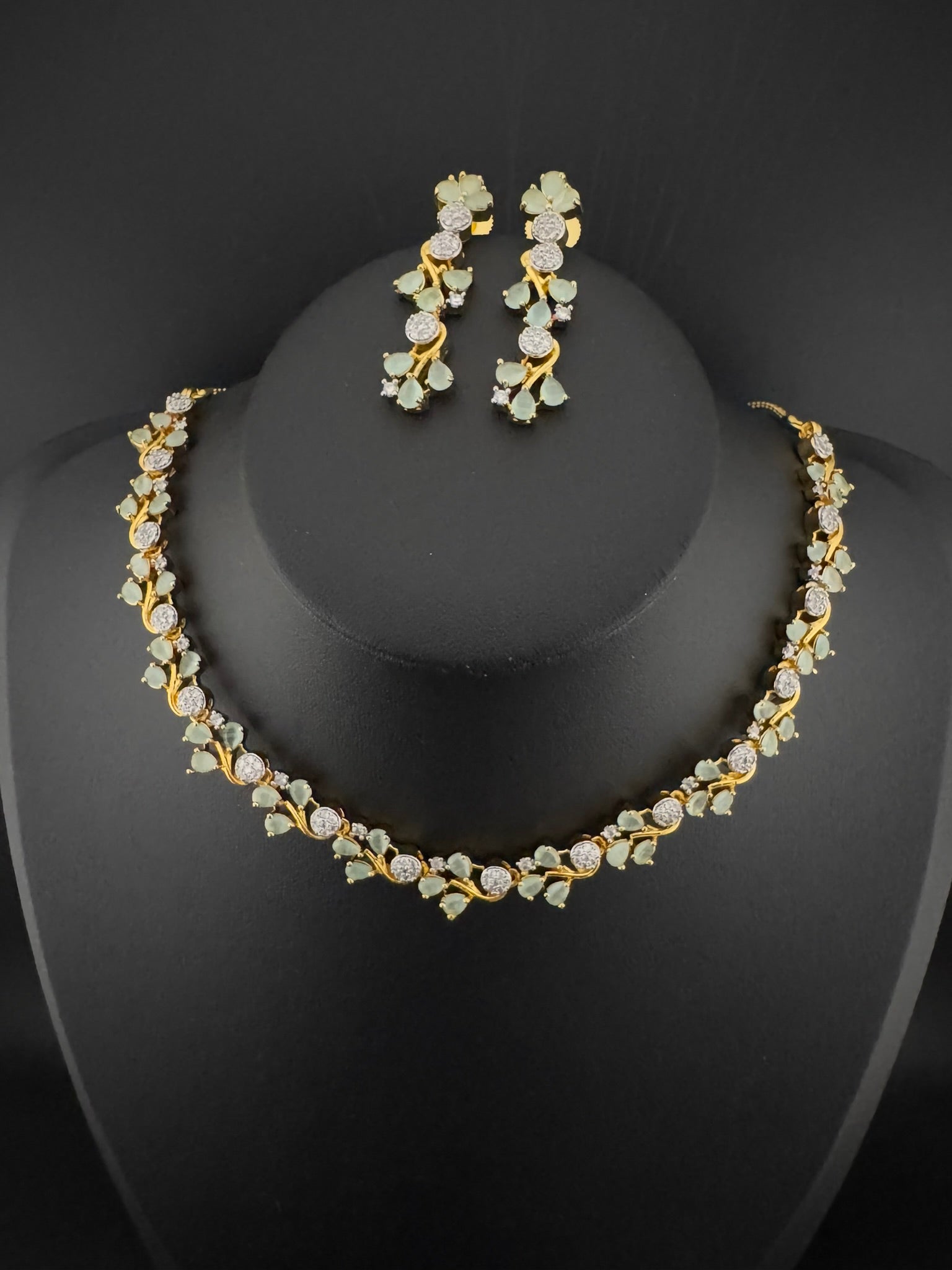 Premium American Diamond, Cubic Zirconia, Stones, Gold Polish, Flower Necklace set with earrings