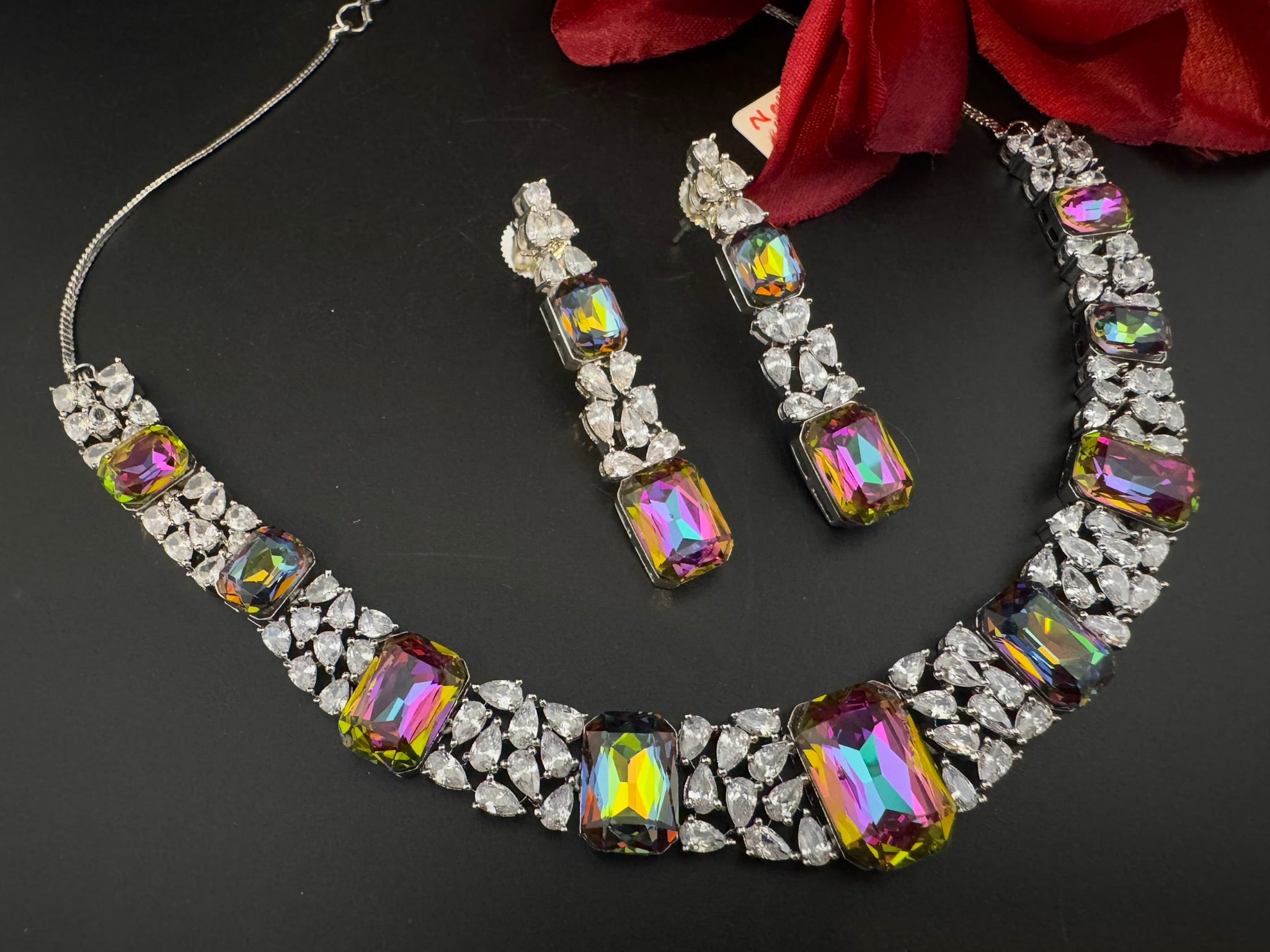 Pink and Multicolor Premium Designer Necklace set with Swarovski crystals, Cubic Zirconia, Bridal Wear Necklace