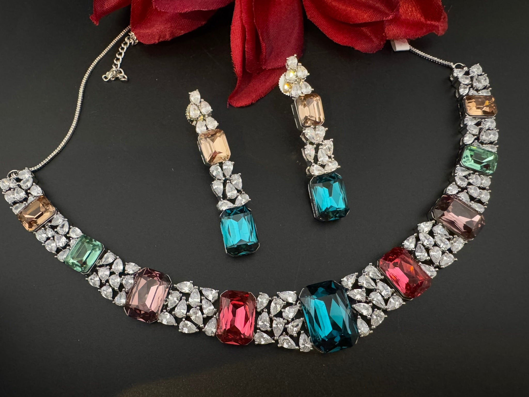 Pink and Multicolor Premium Designer Necklace set with Swarovski crystals, Cubic Zirconia, Bridal Wear Necklace