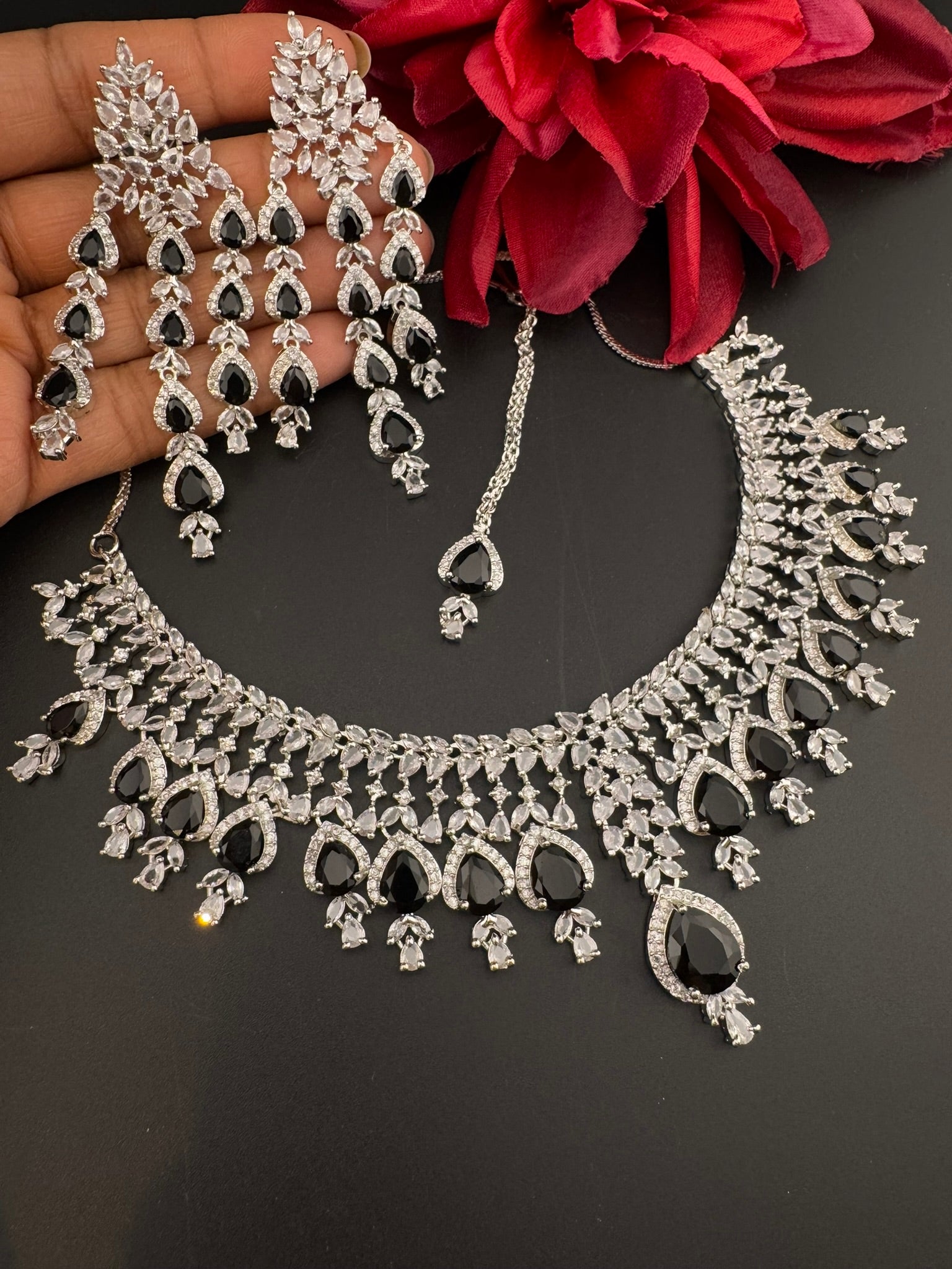 Black Premium Designer Necklace set with Swarovski crystals, Cubic Zirconia, Bridal Wear Necklace