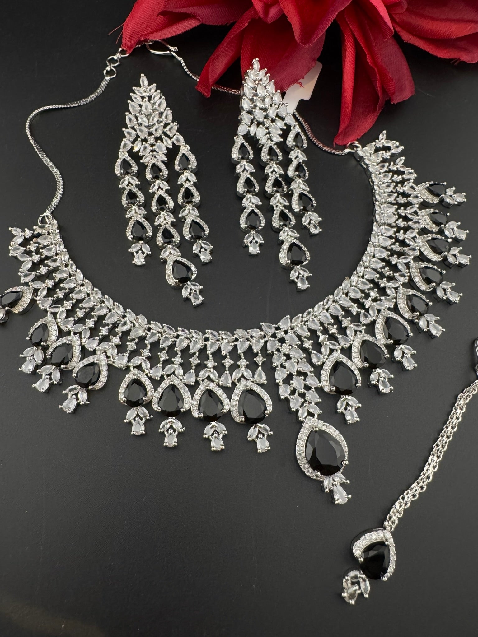 Black Premium Designer Necklace set with Swarovski crystals, Cubic Zirconia, Bridal Wear Necklace