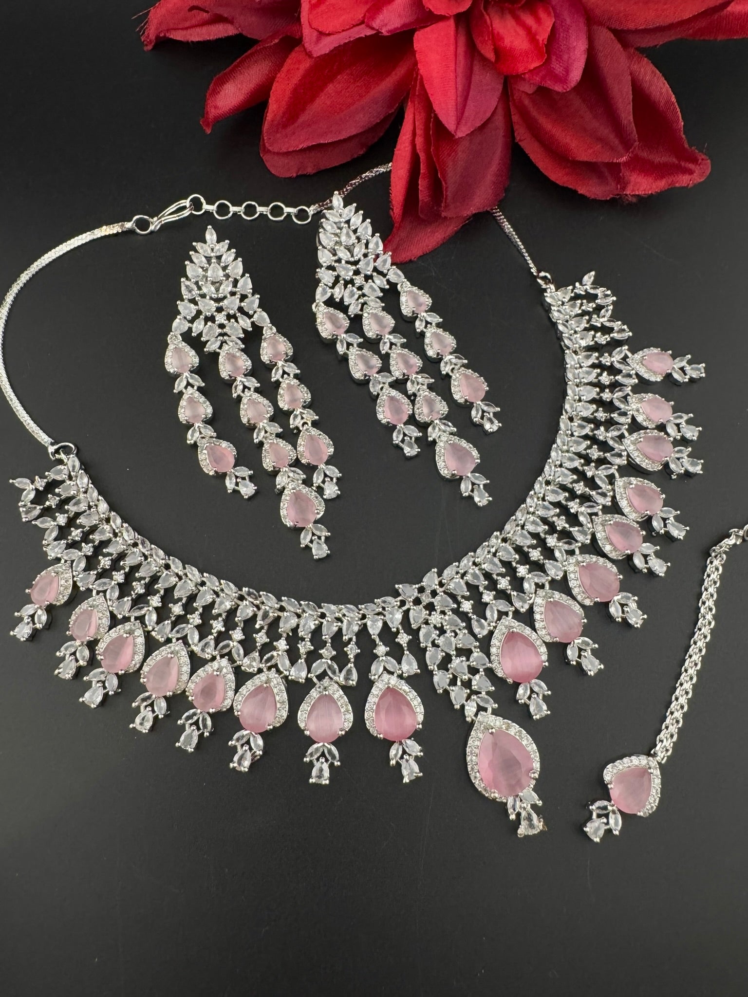 Pink Premium Designer Necklace set with Swarovski crystals, Cubic Zirconia, Bridal Wear Necklace