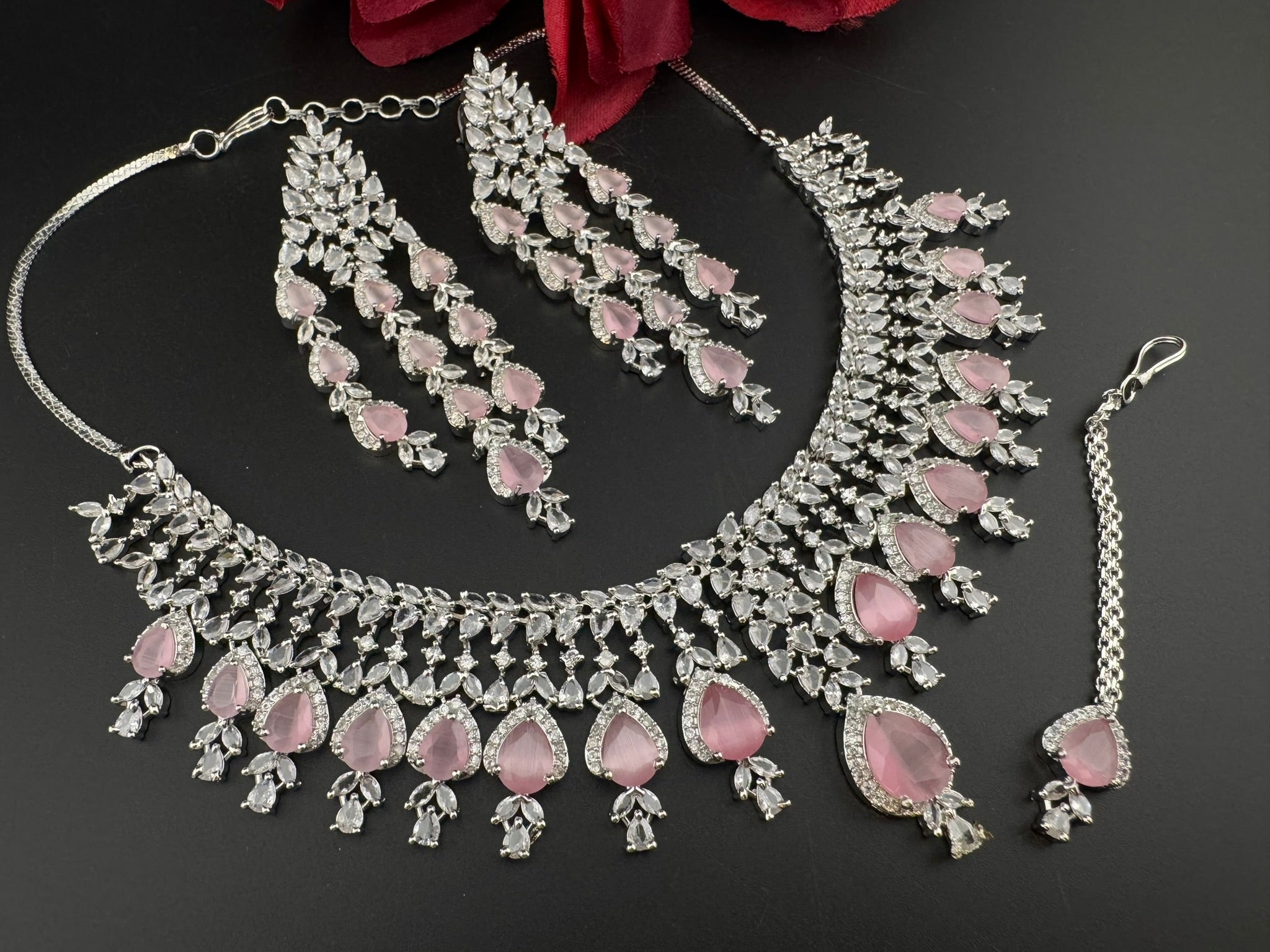 Pink Premium Designer Necklace set with Swarovski crystals, Cubic Zirconia, Bridal Wear Necklace