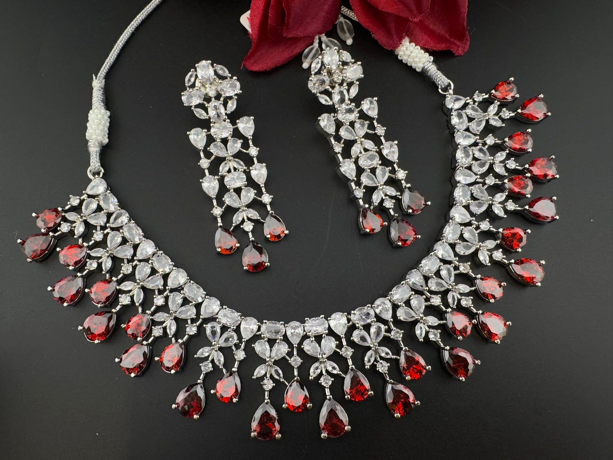 Red Premium Designer Necklace set with Swarovski crystals, Cubic Zirconia, Bridal Wear Necklace