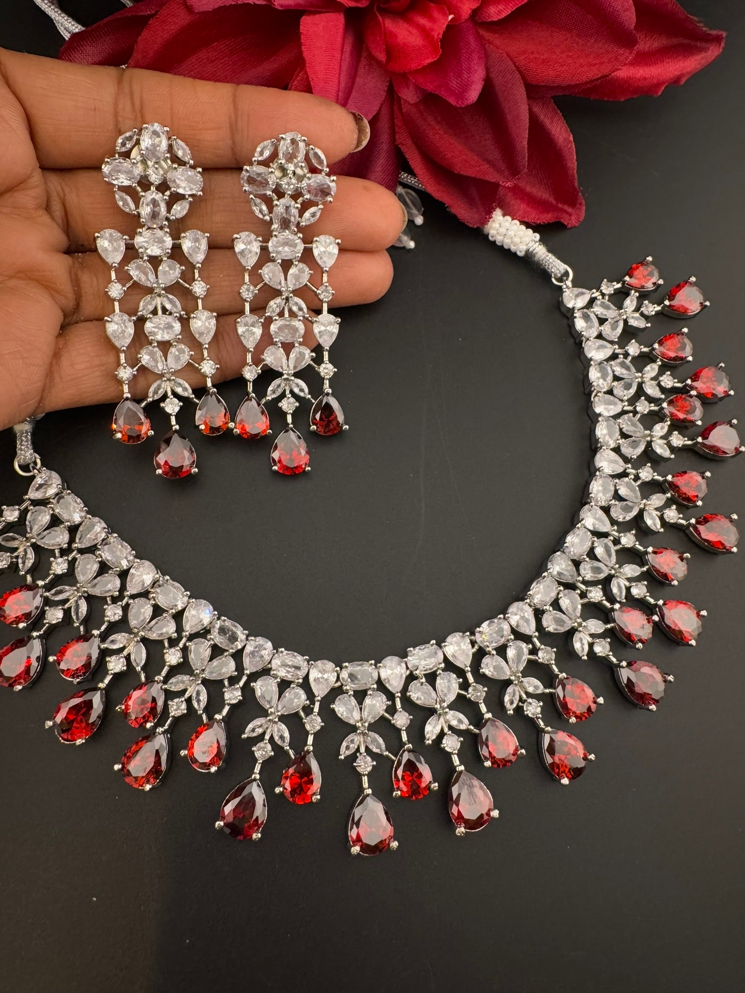 Red Premium Designer Necklace set with Swarovski crystals, Cubic Zirconia, Bridal Wear Necklace