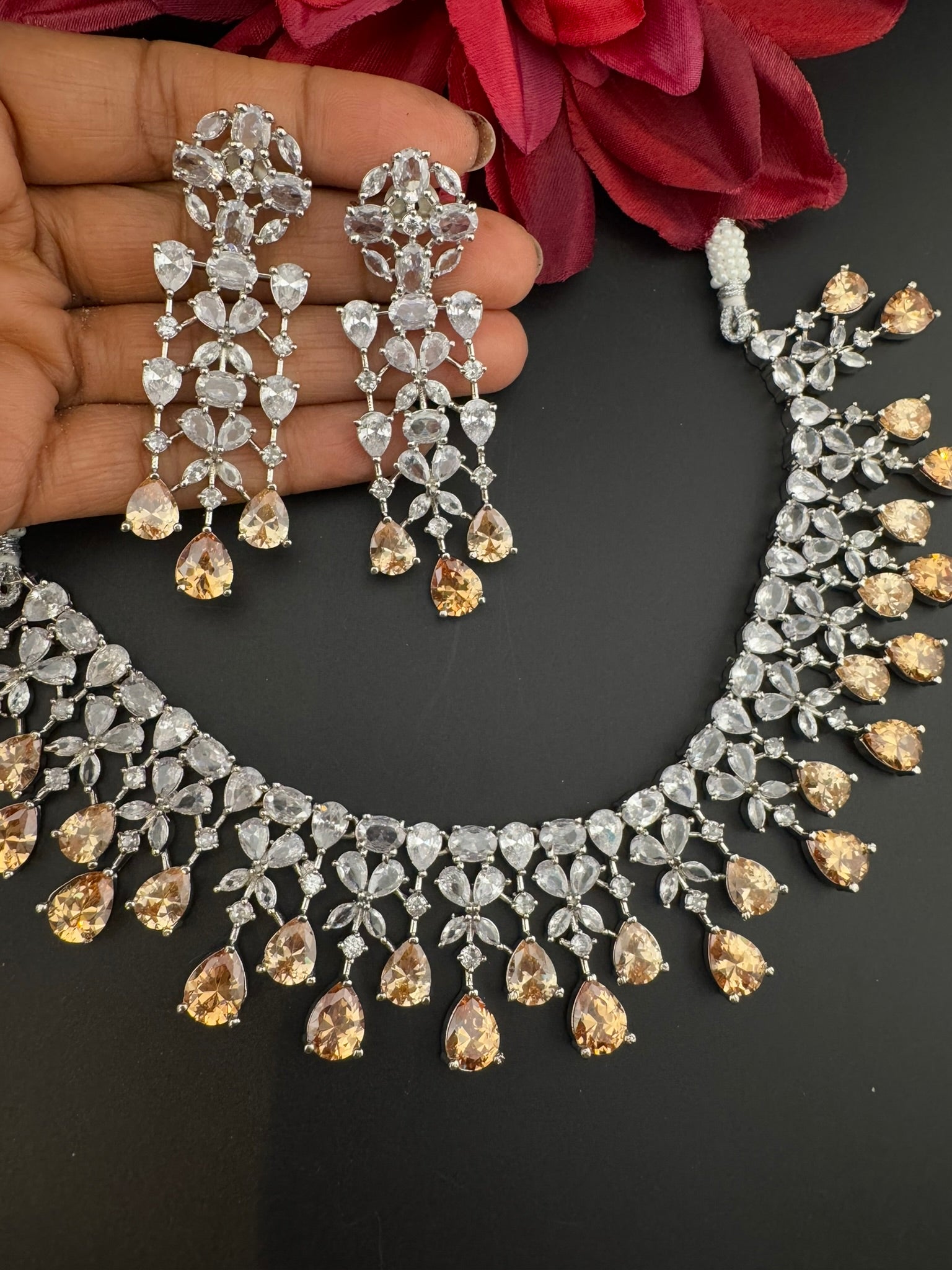 Champagne Premium Designer Necklace set with Swarovski crystals, Cubic Zirconia, Bridal Wear Necklace