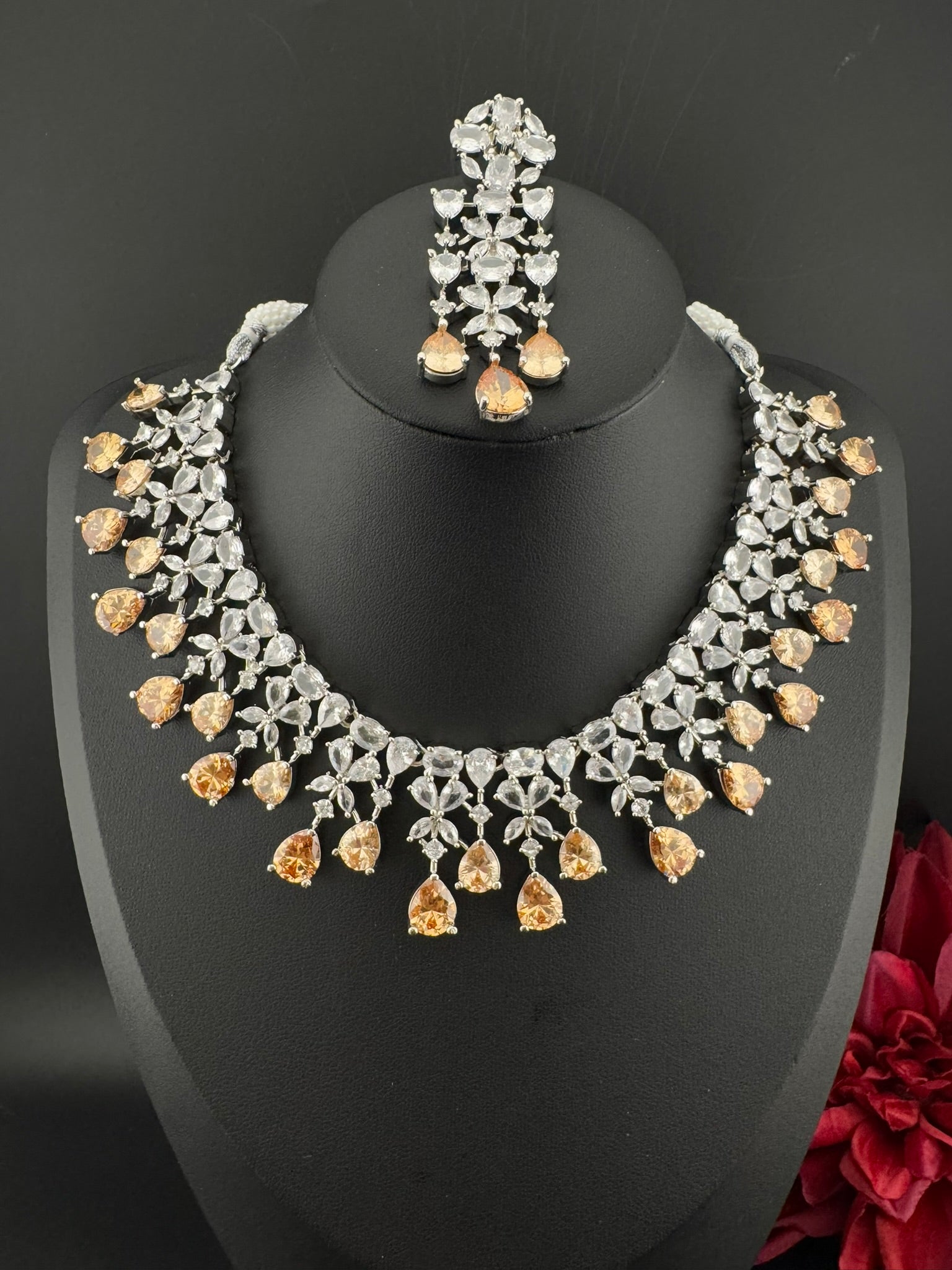 Champagne Premium Designer Necklace set with Swarovski crystals, Cubic Zirconia, Bridal Wear Necklace