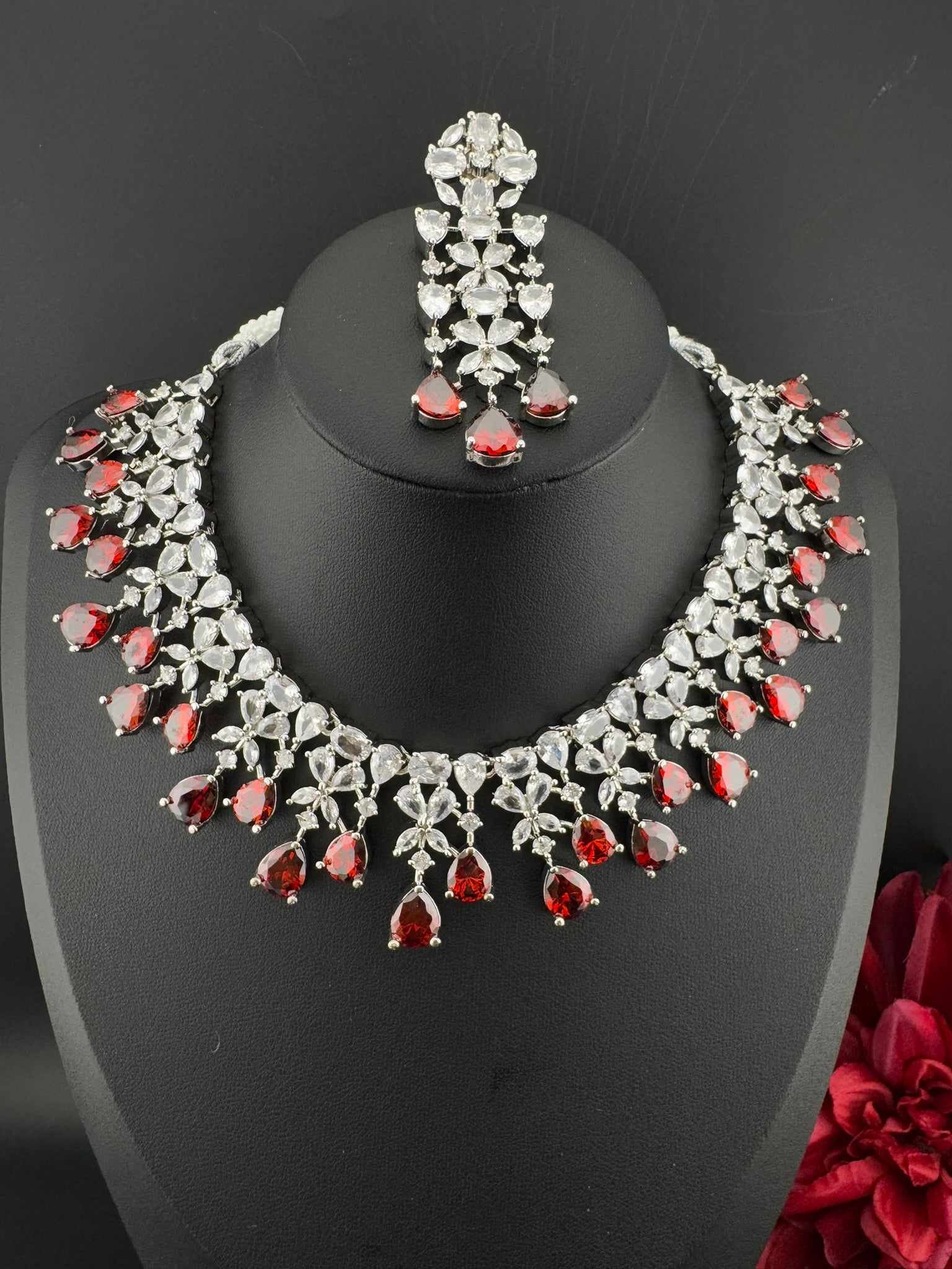 Red Premium Designer Necklace set with Swarovski crystals, Cubic Zirconia, Bridal Wear Necklace