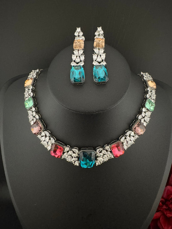 Pink and Multicolor Premium Designer Necklace set with Swarovski crystals, Cubic Zirconia, Bridal Wear Necklace