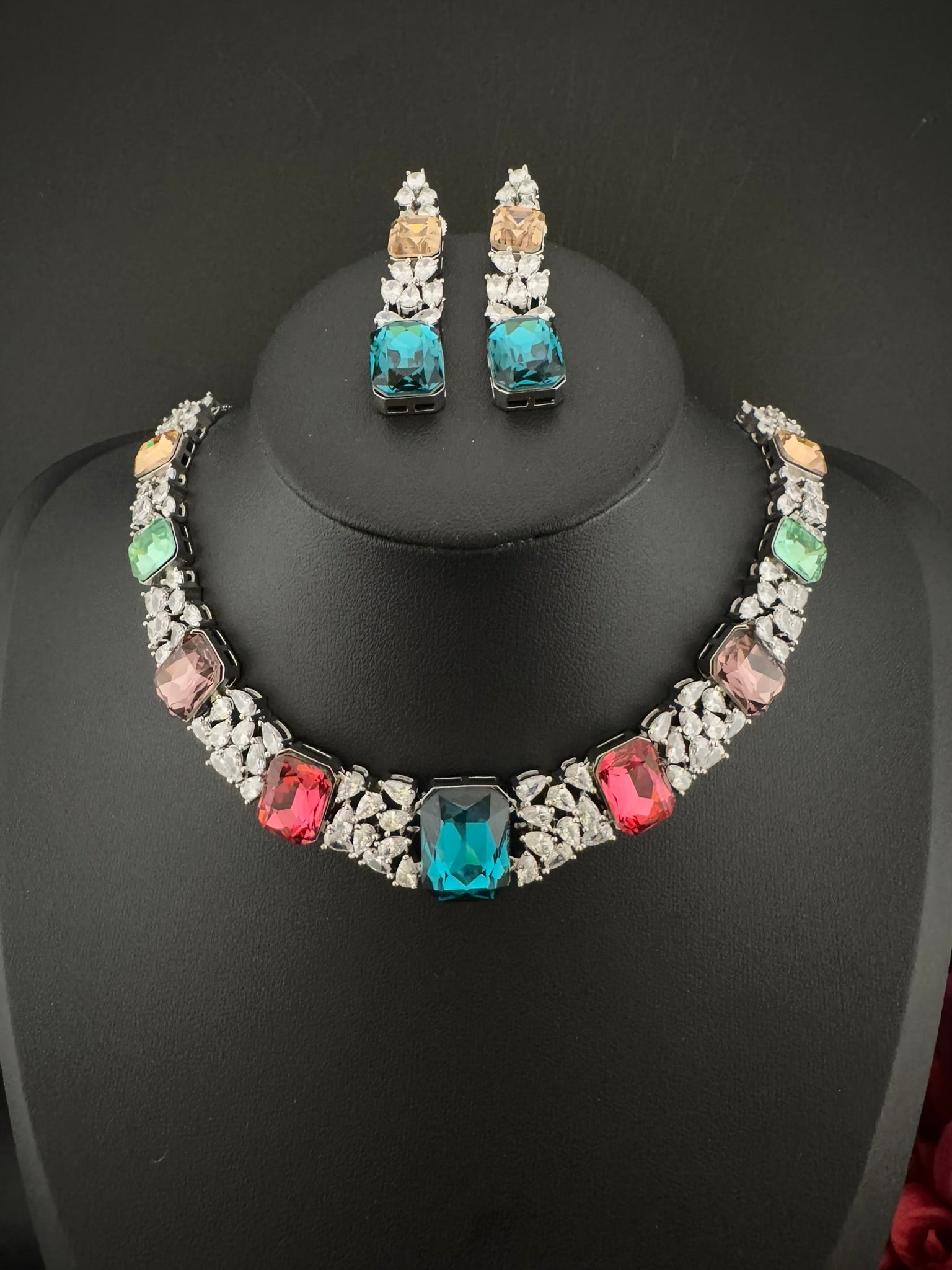Pink and Multicolor Premium Designer Necklace set with Swarovski crystals, Cubic Zirconia, Bridal Wear Necklace