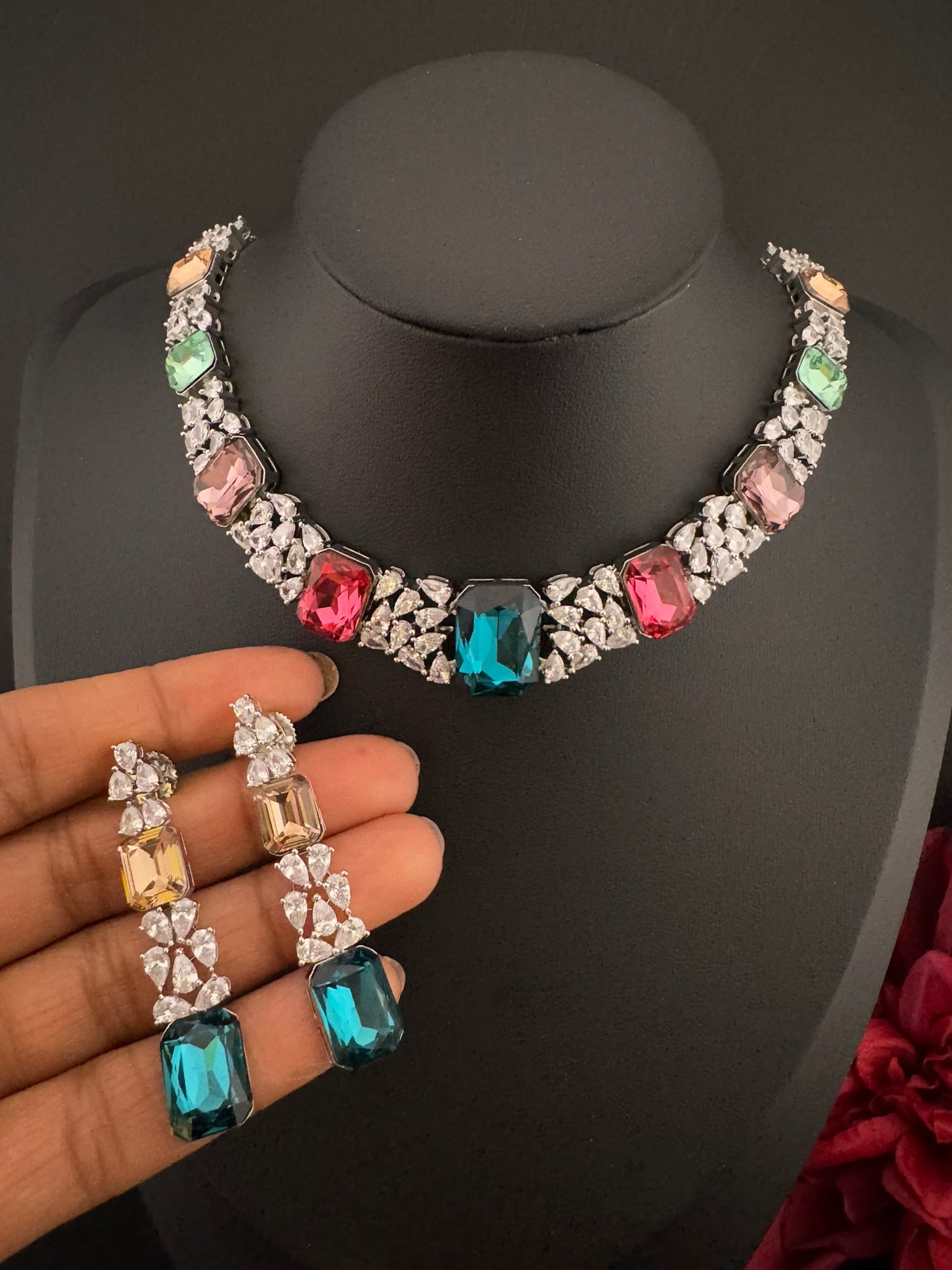 Pink and Multicolor Premium Designer Necklace set with Swarovski crystals, Cubic Zirconia, Bridal Wear Necklace