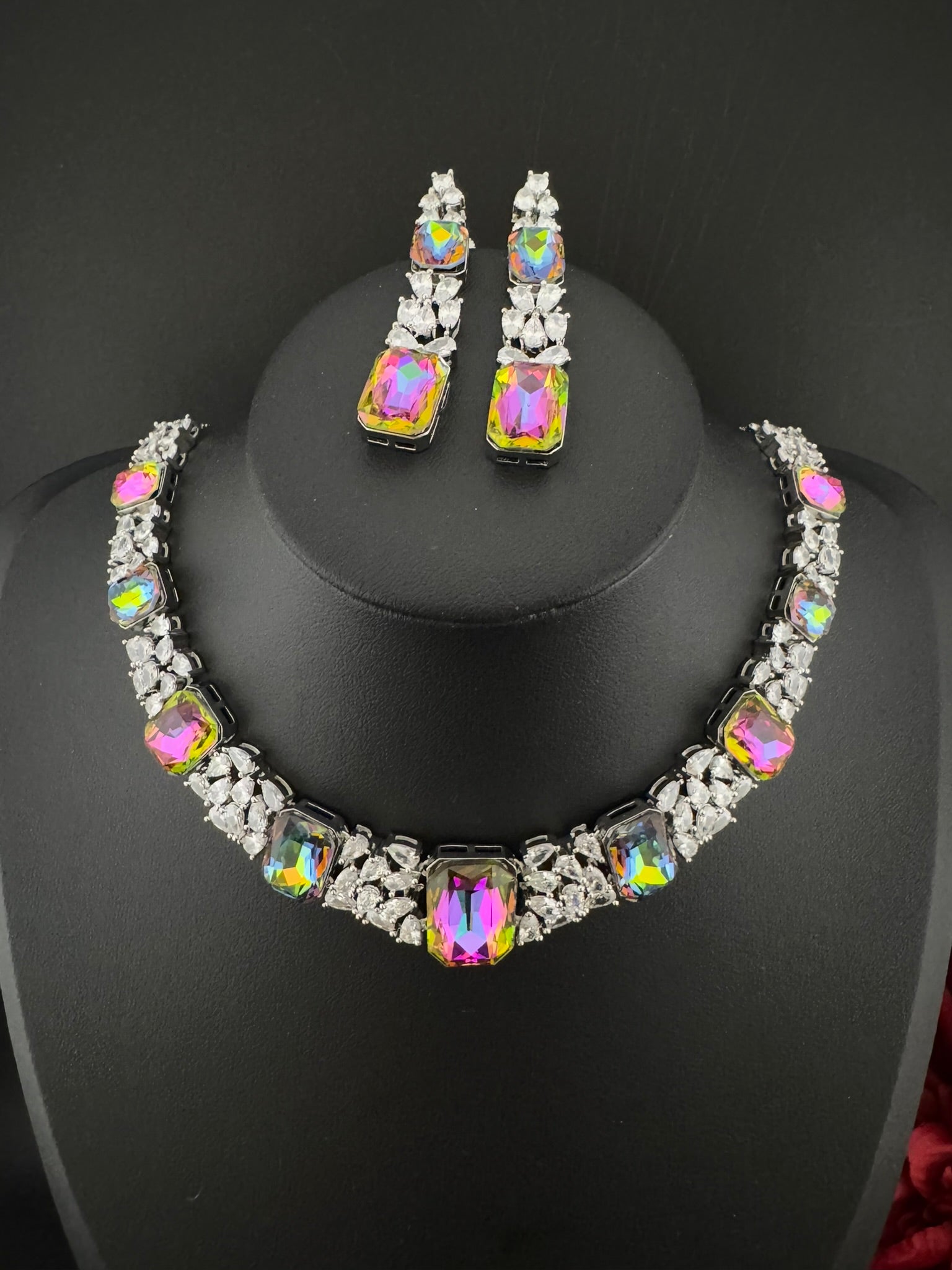 Pink and Multicolor Premium Designer Necklace set with Swarovski crystals, Cubic Zirconia, Bridal Wear Necklace