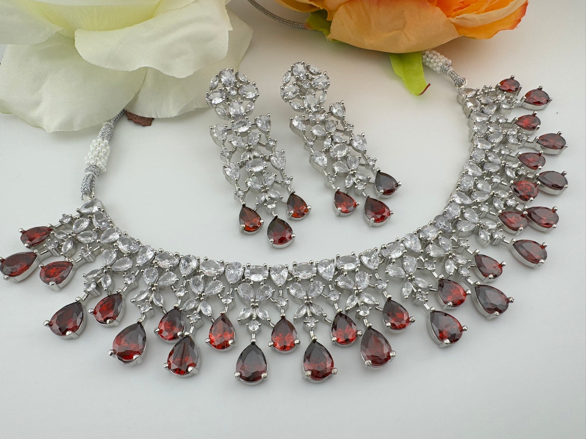 Red Premium Designer Necklace set with Swarovski crystals, Cubic Zirconia, Bridal Wear Necklace
