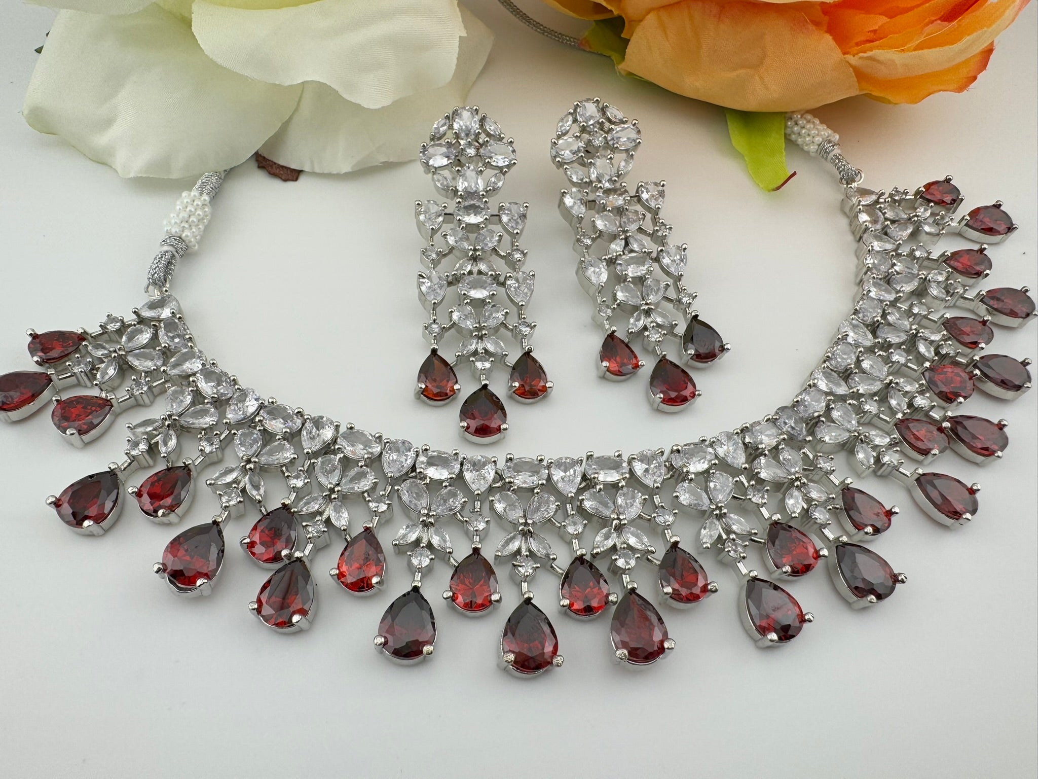 Red Premium Designer Necklace set with Swarovski crystals, Cubic Zirconia, Bridal Wear Necklace