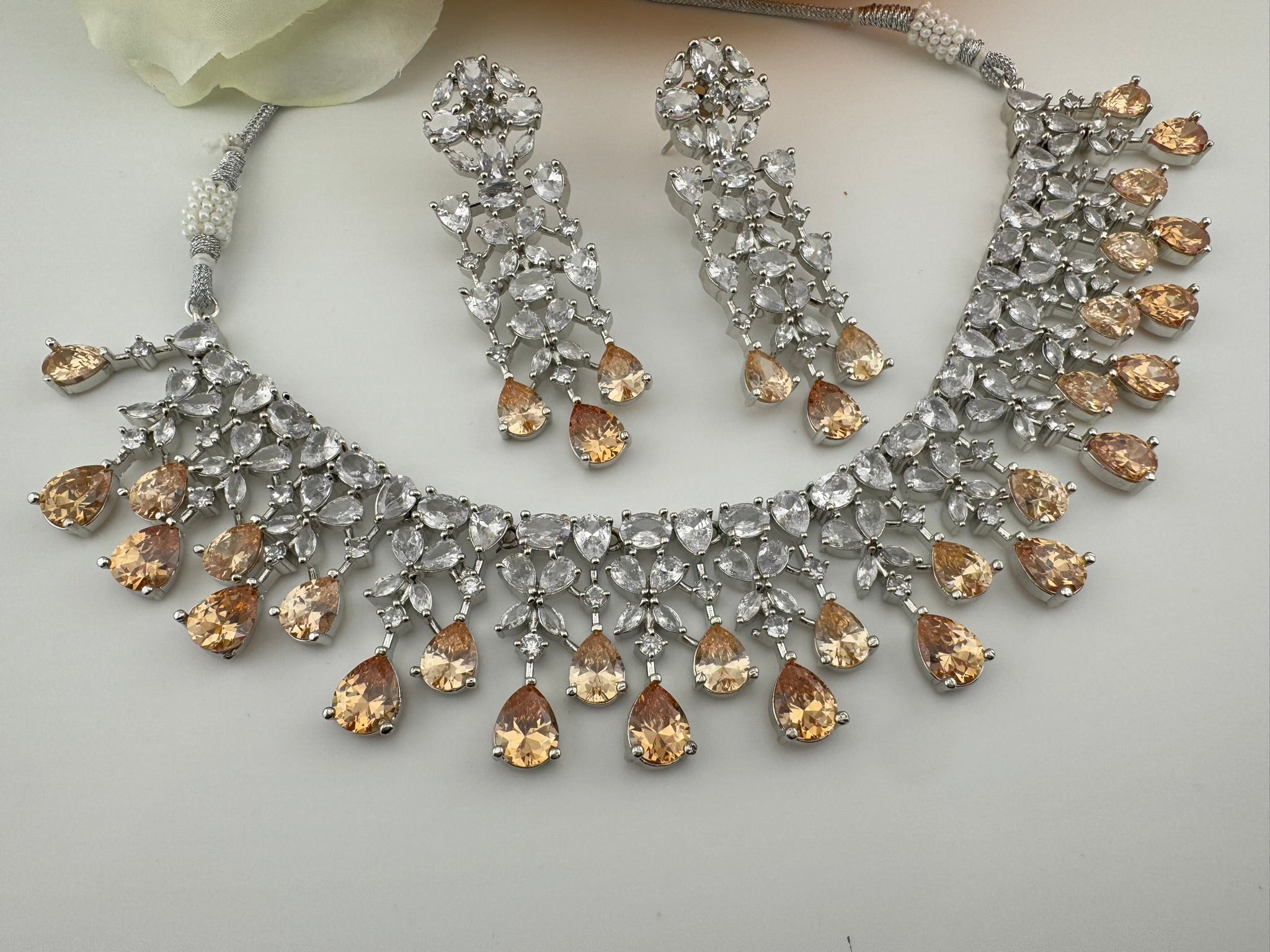 Champagne Premium Designer Necklace set with Swarovski crystals, Cubic Zirconia, Bridal Wear Necklace